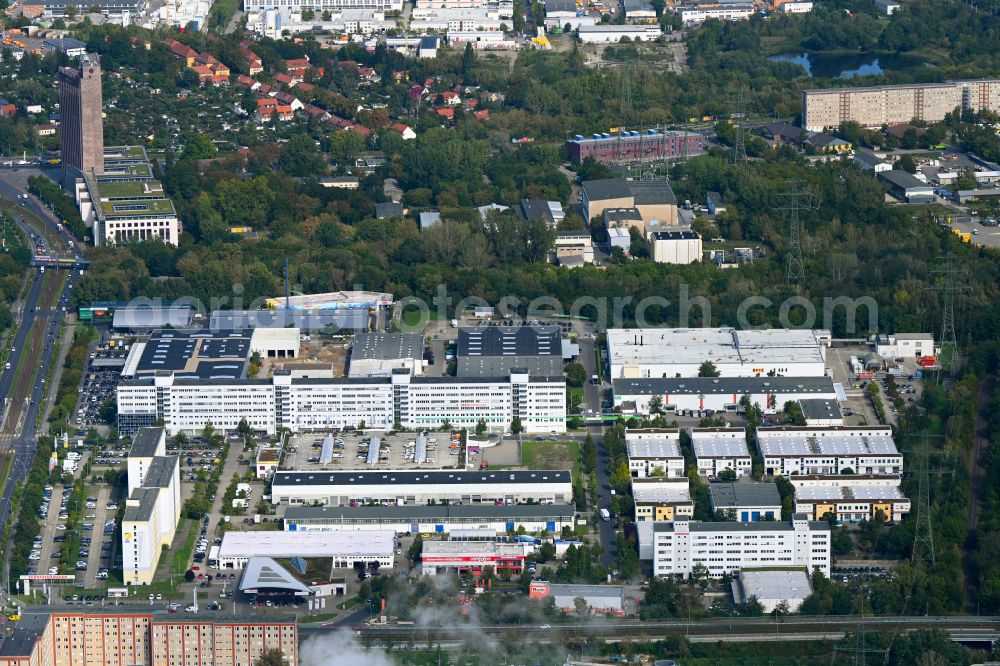 Berlin from above - Industrial and commercial area Rhinstrasse - Alle of Kosmonauten in the district Marzahn in Berlin, Germany