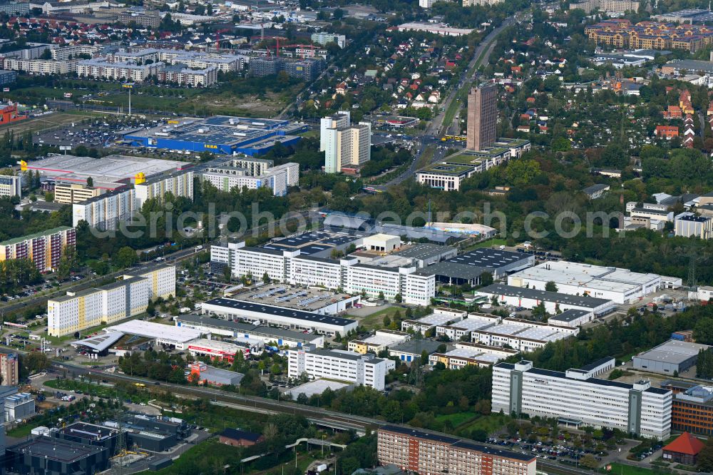 Berlin from the bird's eye view: Industrial and commercial area Rhinstrasse - Alle of Kosmonauten in the district Marzahn in Berlin, Germany
