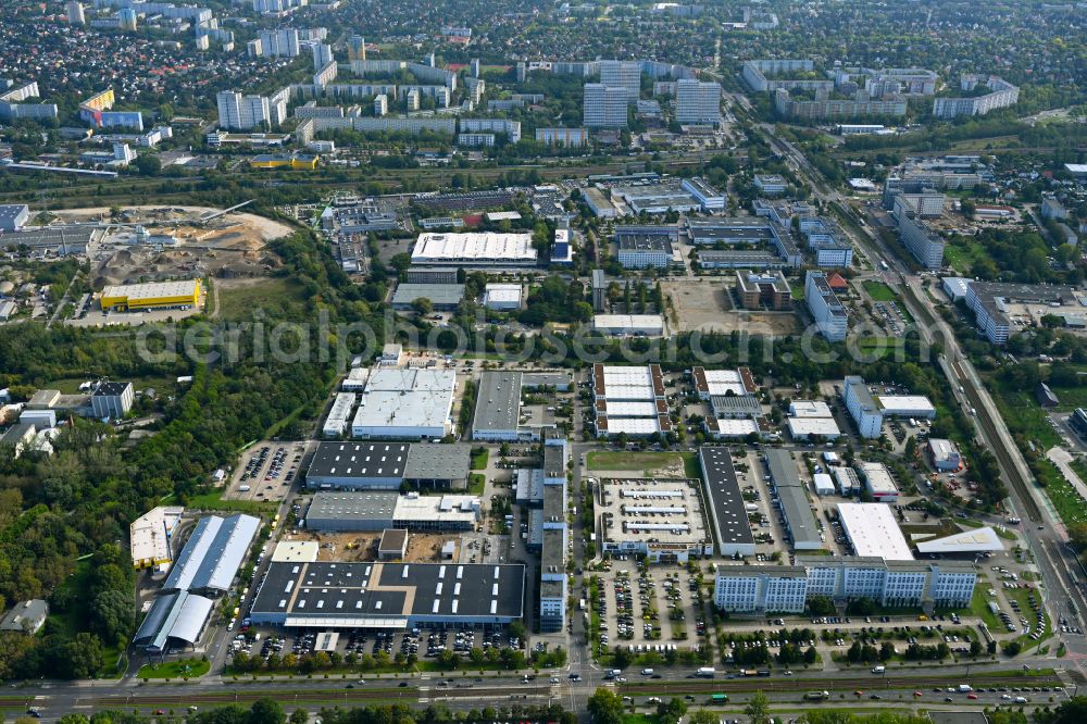 Berlin from above - Industrial and commercial area Rhinstrasse - Alle of Kosmonauten in the district Marzahn in Berlin, Germany