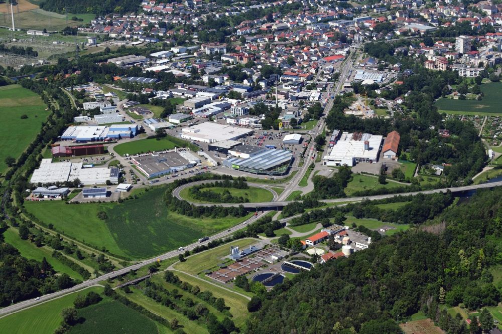 Waldshut-Tiengen from the bird's eye view: Industrial and commercial area Schluechtwiesen in Waldshut-Tiengen in the state Baden-Wuerttemberg, Germany