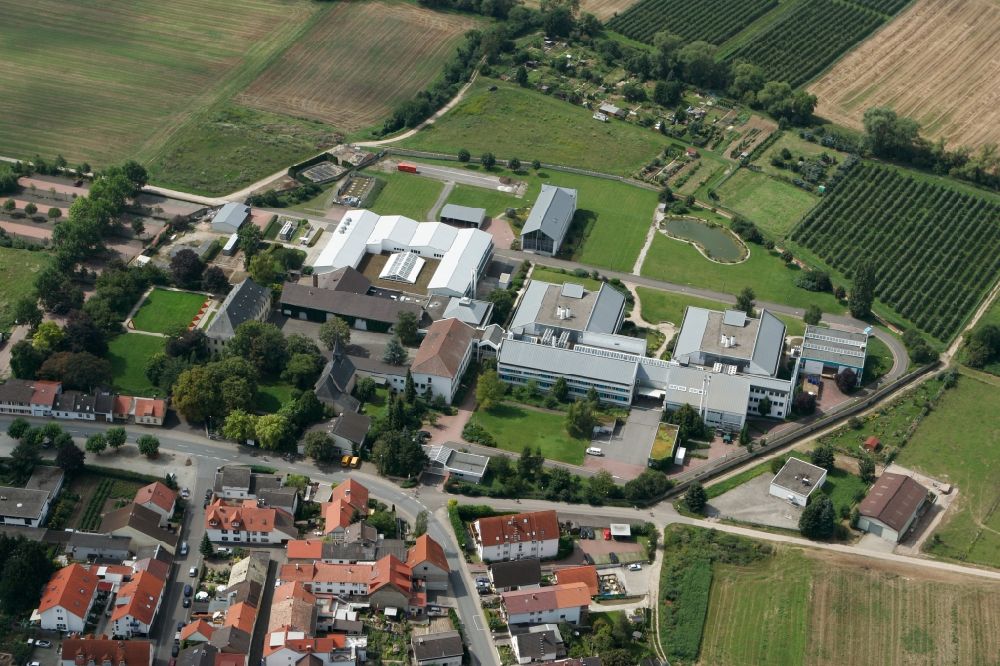 Aerial image Schwabenheim an der Selz - Industrial and commercial area in Swabia an der Selz in Rhineland-Palatinate. On an old monastery grounds, the Intervet Innovation GmbH has settled. The Intervet where it operates a global research and development center for veterinary medicinal products with a focus on anti-infectives and parasiticides