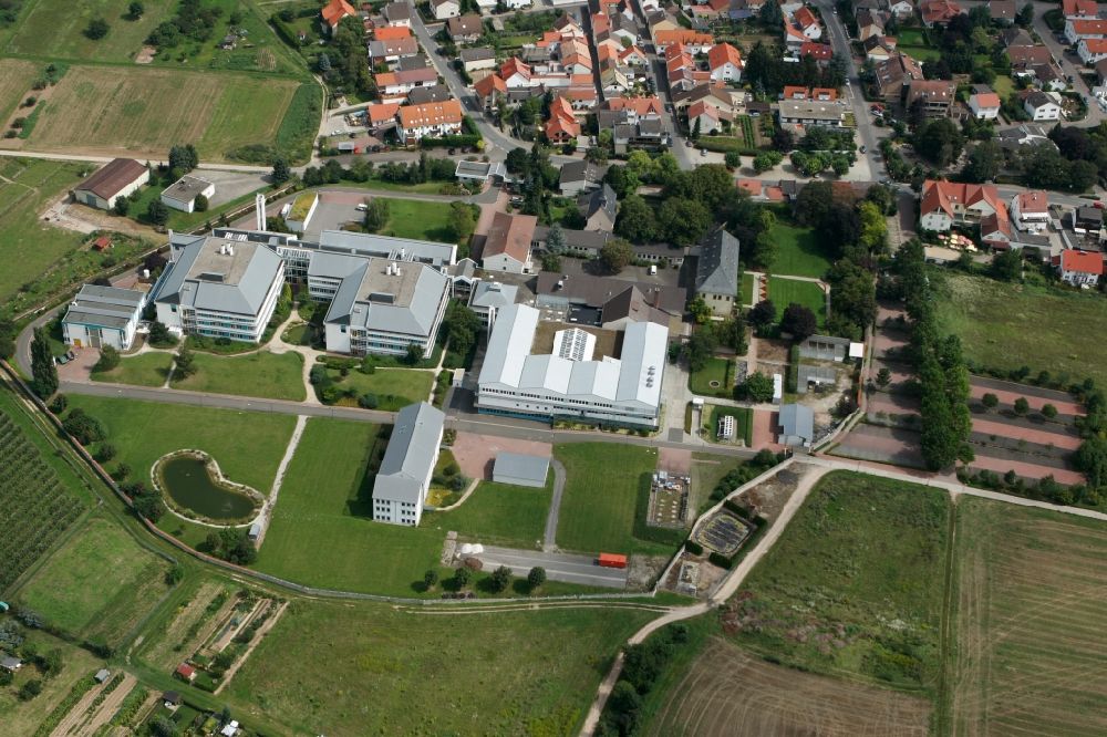Aerial photograph Schwabenheim an der Selz - Industrial and commercial area in Swabia an der Selz in Rhineland-Palatinate. On an old monastery grounds, the Intervet Innovation GmbH has settled. The Intervet where it operates a global research and development center for veterinary medicinal products with a focus on anti-infectives and parasiticides