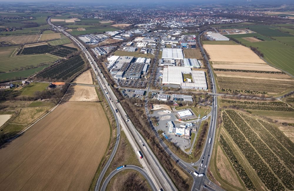 Soest from above - industrial and commercial area on Overweg - Lange Wende in Soest in the state North Rhine-Westphalia, Germany