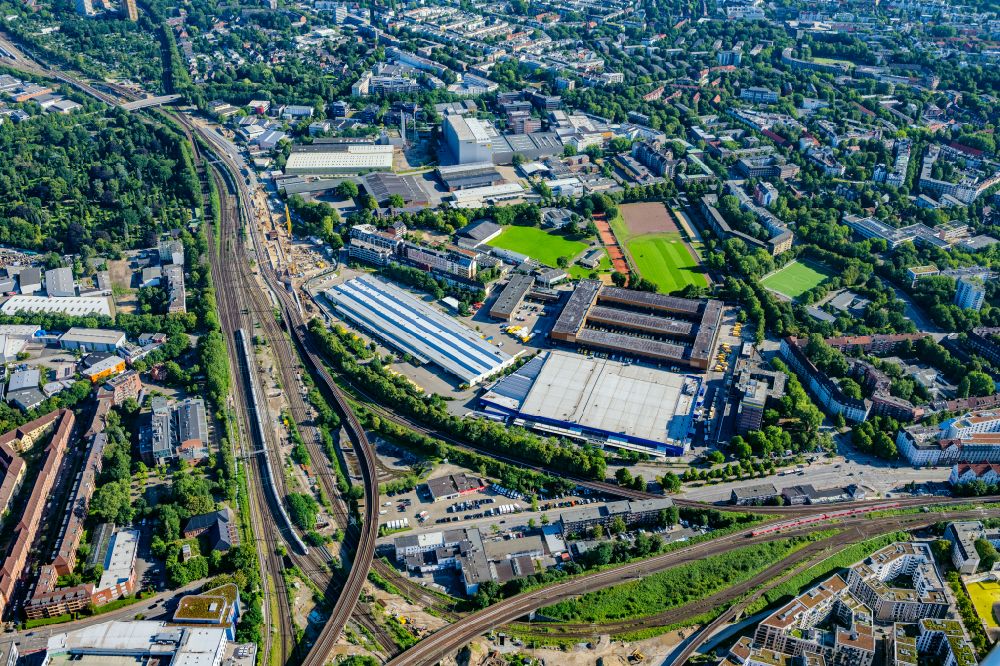 Hamburg from above - Industrial and commercial area in the district Altona-Nord in Hamburg in Germany. In this picture there is the Briefzentrum Hamburg Zentrum, the METRO Hamburg-Altona and the DHL-Depot