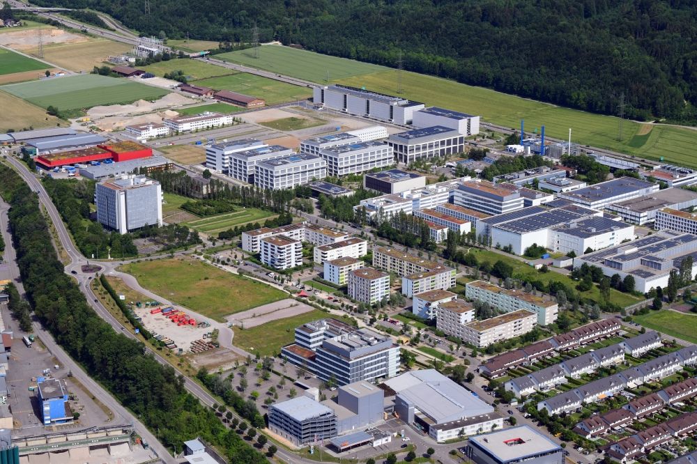 Aerial image Kaiseraugst - Industrial and commercial area of DSM Nutritional Products and F. Hoffmann-La Roche in Kaiseraugst in the canton Aargau, Switzerland
