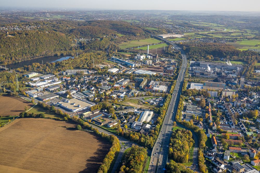 Aerial image Hagen - Industrial and commercial area between Dortmanof Strasse and Hohensyburgstrasse along the motorway section of the BAB A1 in the district Hoerde in Hagen at Ruhrgebiet in the state North Rhine-Westphalia, Germany