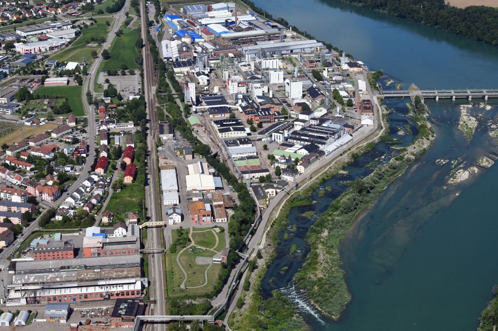 Rheinfelden (Baden) from the bird's eye view: Industrial area and fish ladder at the new hydropower plant in Rheinfelden (Baden) in the state of Baden-Wuerttemberg