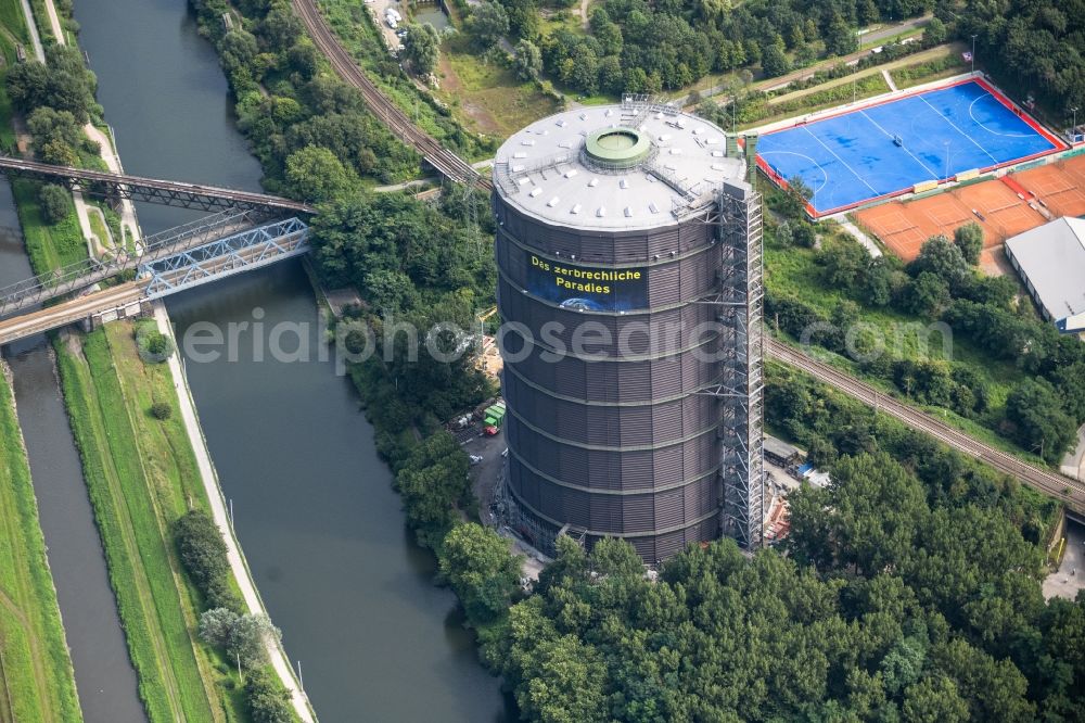 Aerial image Oberhausen - gas tank serves as an industrial monument Gasometer Oberhausen GmbH and an exhibition at the Arenastrasse in Oberhausen in North Rhine-Westphalia