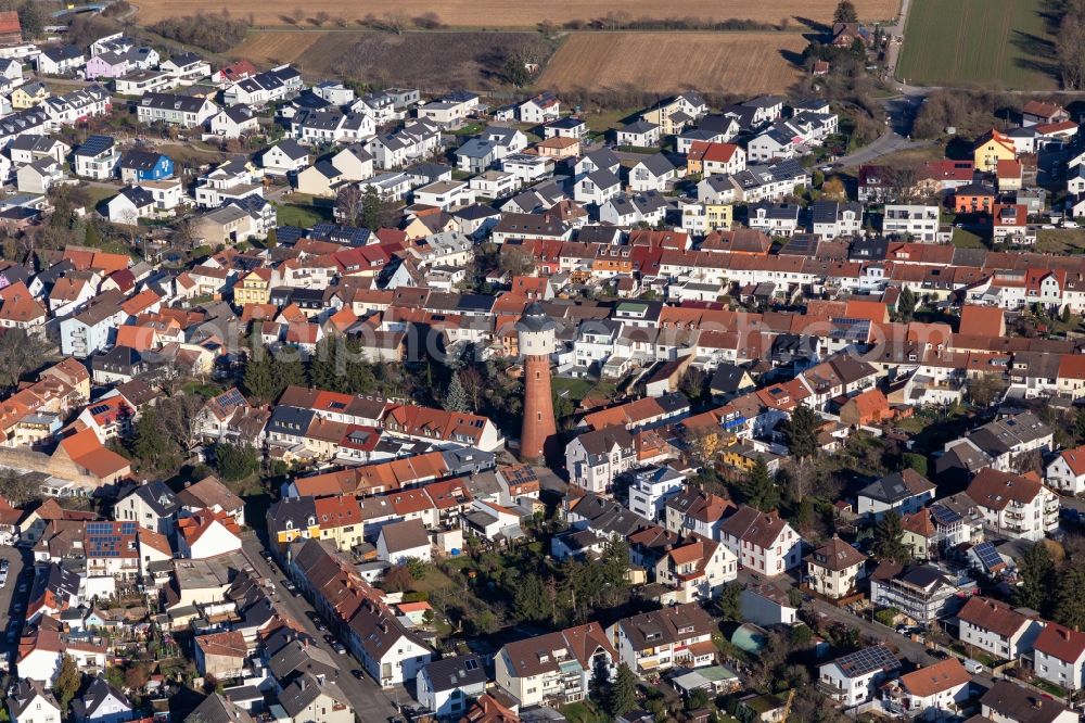 Aerial photograph Plankstadt - Building of industrial monument historic water tower in Plankstadt in the state Baden-Wuerttemberg, Germany