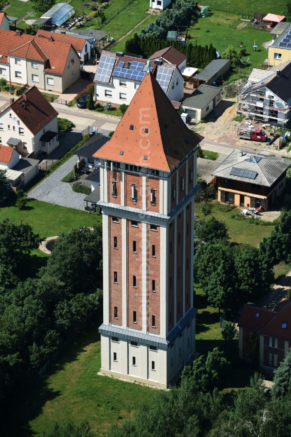 Aerial image Aken - Building of industrial monument water tower in Aken in the state Saxony-Anhalt