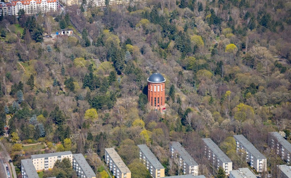 Berlin from above - Building of industrial monument water tower on Friedhof Steglitz in Berlin, Germany