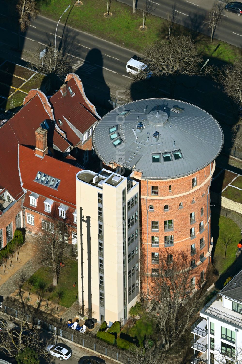 Berlin from the bird's eye view: Building of industrial monument water tower on street Akazienallee in the district Westend in Berlin, Germany