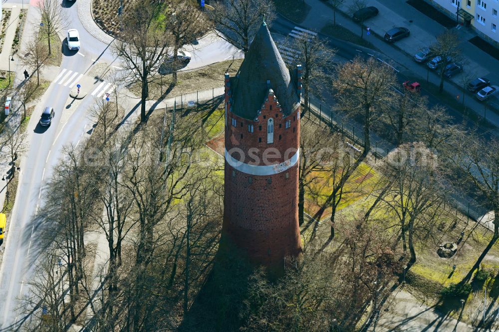 Aerial image Bernau - Building of industrial monument water tower on street Schoenower Chaussee in Bernau in the state Brandenburg, Germany