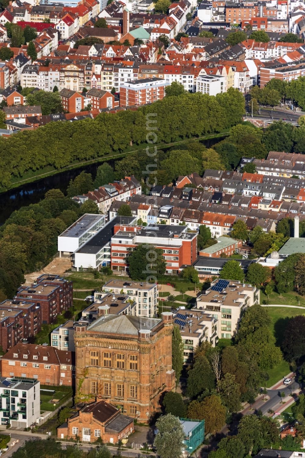 Aerial photograph Bremen - Building of industrial monument water tower on Werder in Bremen, Germany