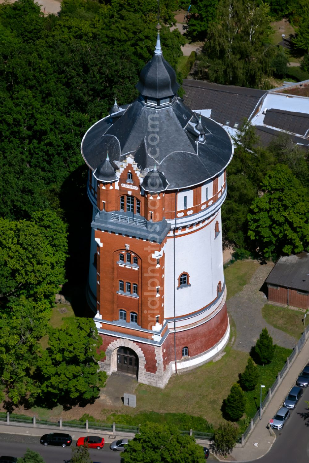 Braunschweig from above - Building of industrial monument water tower BS|ENERGY in Brunswick in the state Lower Saxony, Germany