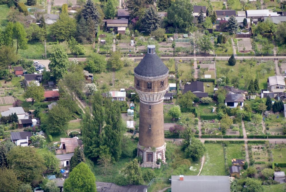 Aerial photograph Delitzsch - Building of industrial monument water tower in Delitzsch in the state Saxony