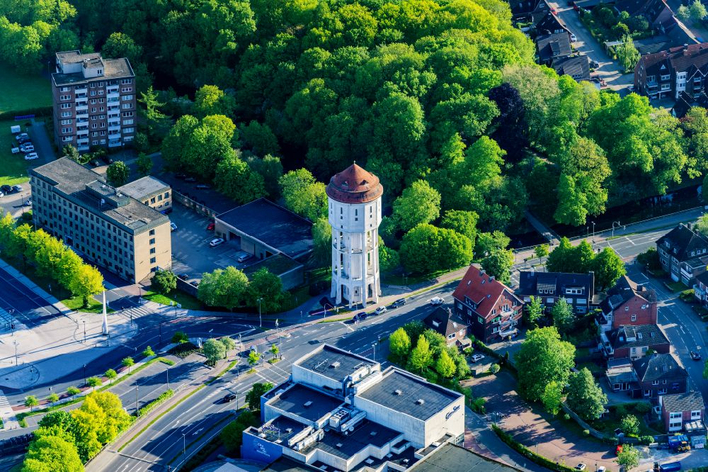 Emden from above - Building of industrial monument water tower on street Abdenastrasse in Emden in the state Lower Saxony, Germany