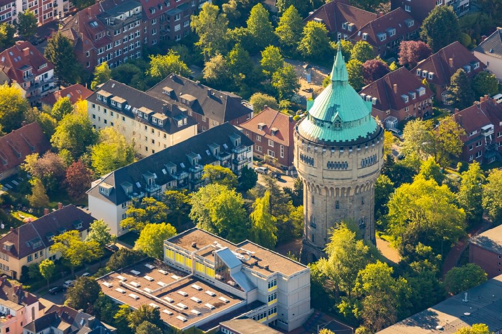 Münster from the bird's eye view: Building of industrial monument water tower in the district Geist in Muenster in the state North Rhine-Westphalia, Germany