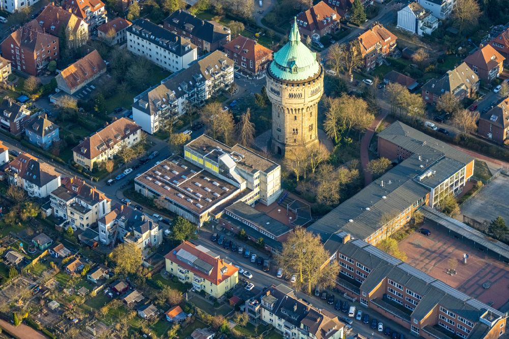 Aerial image Münster - Building of industrial monument water tower in the district Geist in Muenster in the state North Rhine-Westphalia, Germany