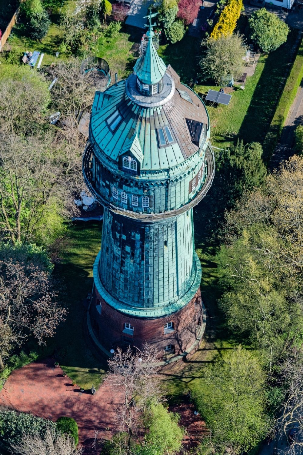 Hamburg from above - Building of industrial monument water tower in the district Lokstedt in Hamburg, Germany
