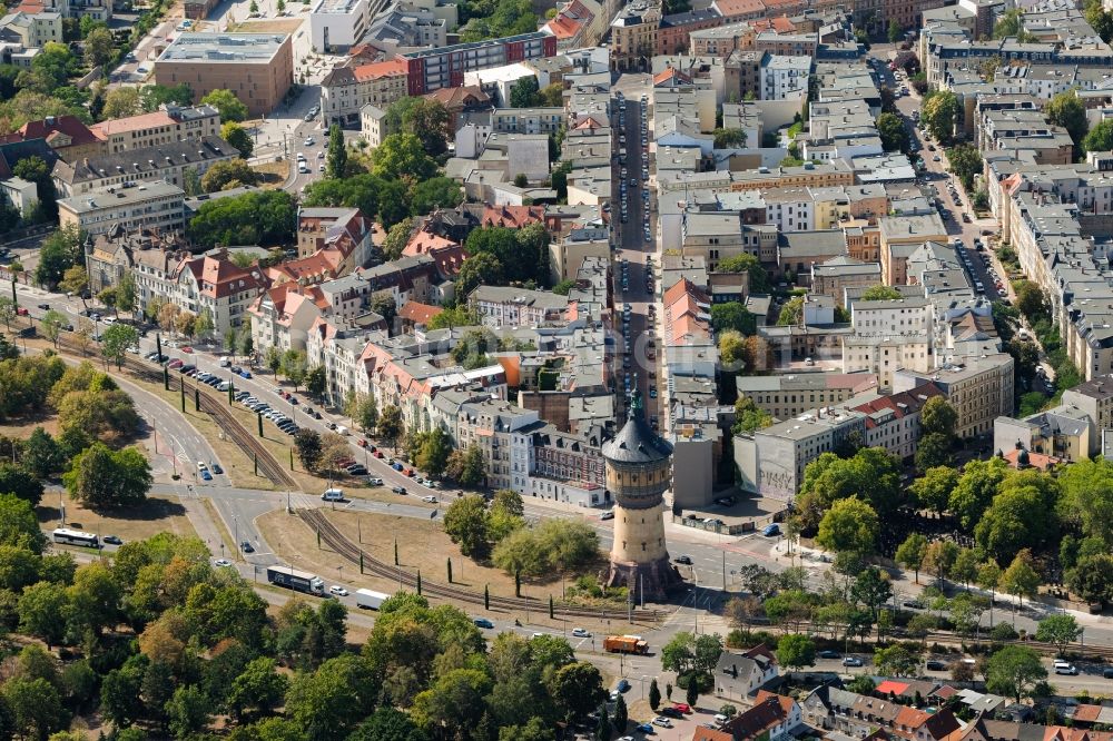 Halle (Saale) from the bird's eye view: Building of industrial monument water tower Wasserturm Nord Am Wasserturm in the district Am Wasserturm - Thaerviertel in Halle (Saale) in the state Saxony-Anhalt, Germany