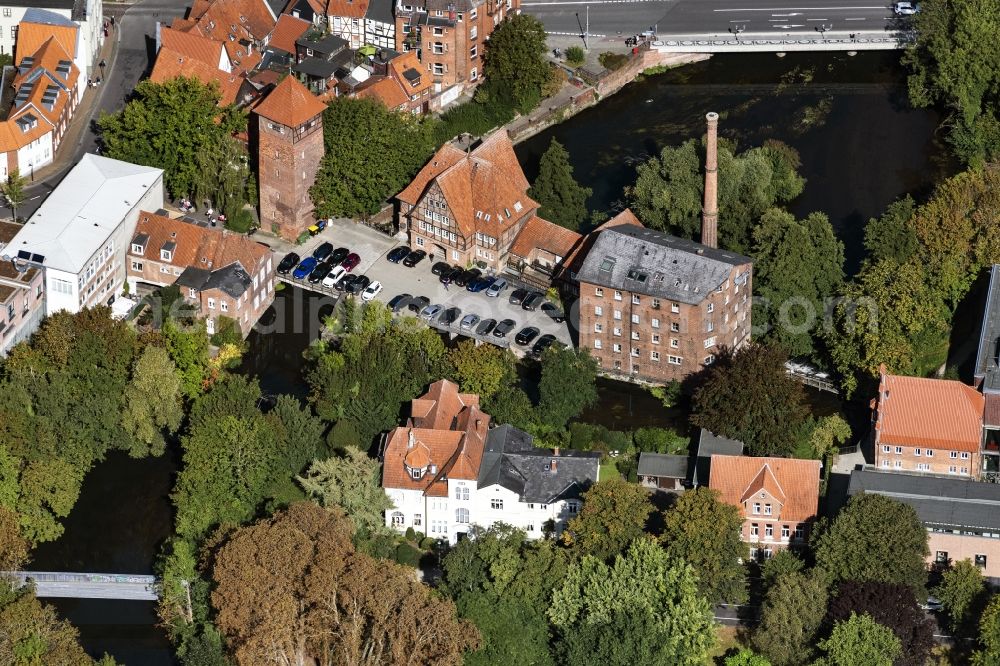 Aerial image Lüneburg - Building of industrial monument water tower and Ratsmuehle in Lueneburg in the state Lower Saxony, Germany