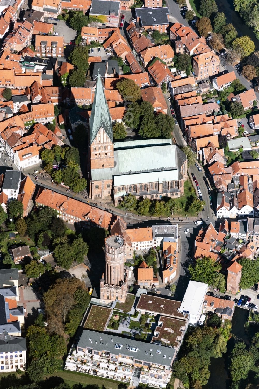 Aerial image Lüneburg - Building of industrial monument water tower and Ratsmuehle such as the St.Johannis church in Lueneburg in the state Lower Saxony, Germany