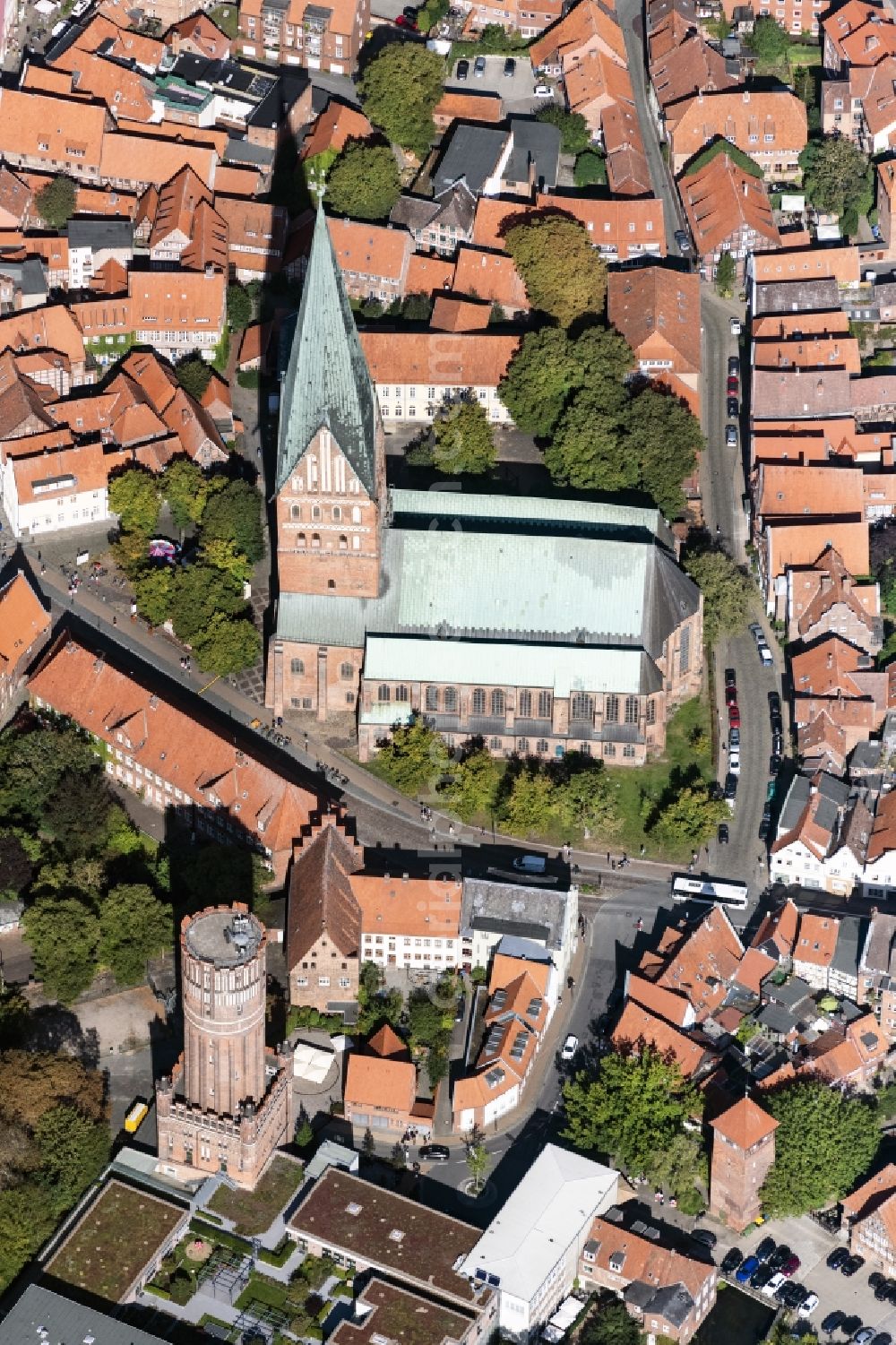 Lüneburg from above - Building of industrial monument water tower and Ratsmuehle such as the St.Johannis church in Lueneburg in the state Lower Saxony, Germany