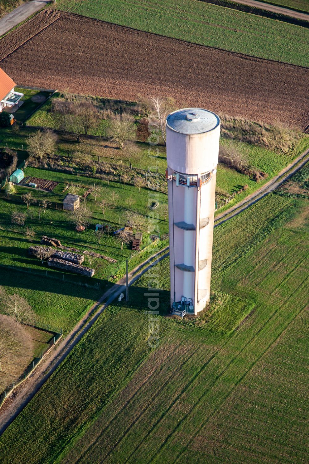Schleithal from above - Building of industrial monument water tower Chateau d'Eau in Schleithal in Grand Est, France