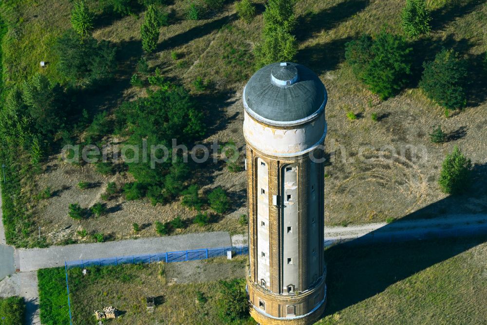Wolfen from above - Building of industrial monument water tower on street Helmholtzstrasse in Wolfen in the state Saxony-Anhalt, Germany