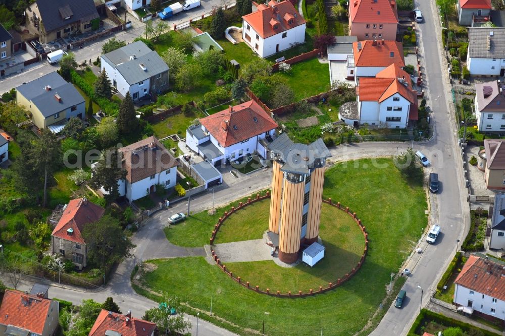 Zgorzelec - Gerltsch from the bird's eye view: Building of industrial monument water tower on Gorna Strasse in Zgorzelec - Gerltsch in Dolnoslaskie - Niederschlesien, Poland