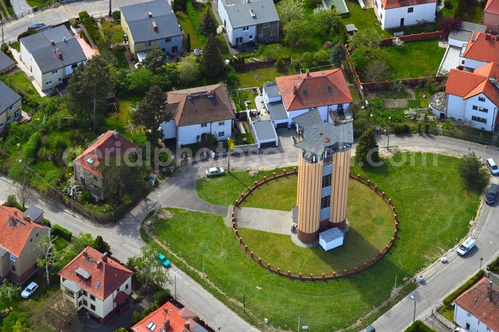 Aerial image Zgorzelec - Gerltsch - Building of industrial monument water tower on Gorna Strasse in Zgorzelec - Gerltsch in Dolnoslaskie - Niederschlesien, Poland