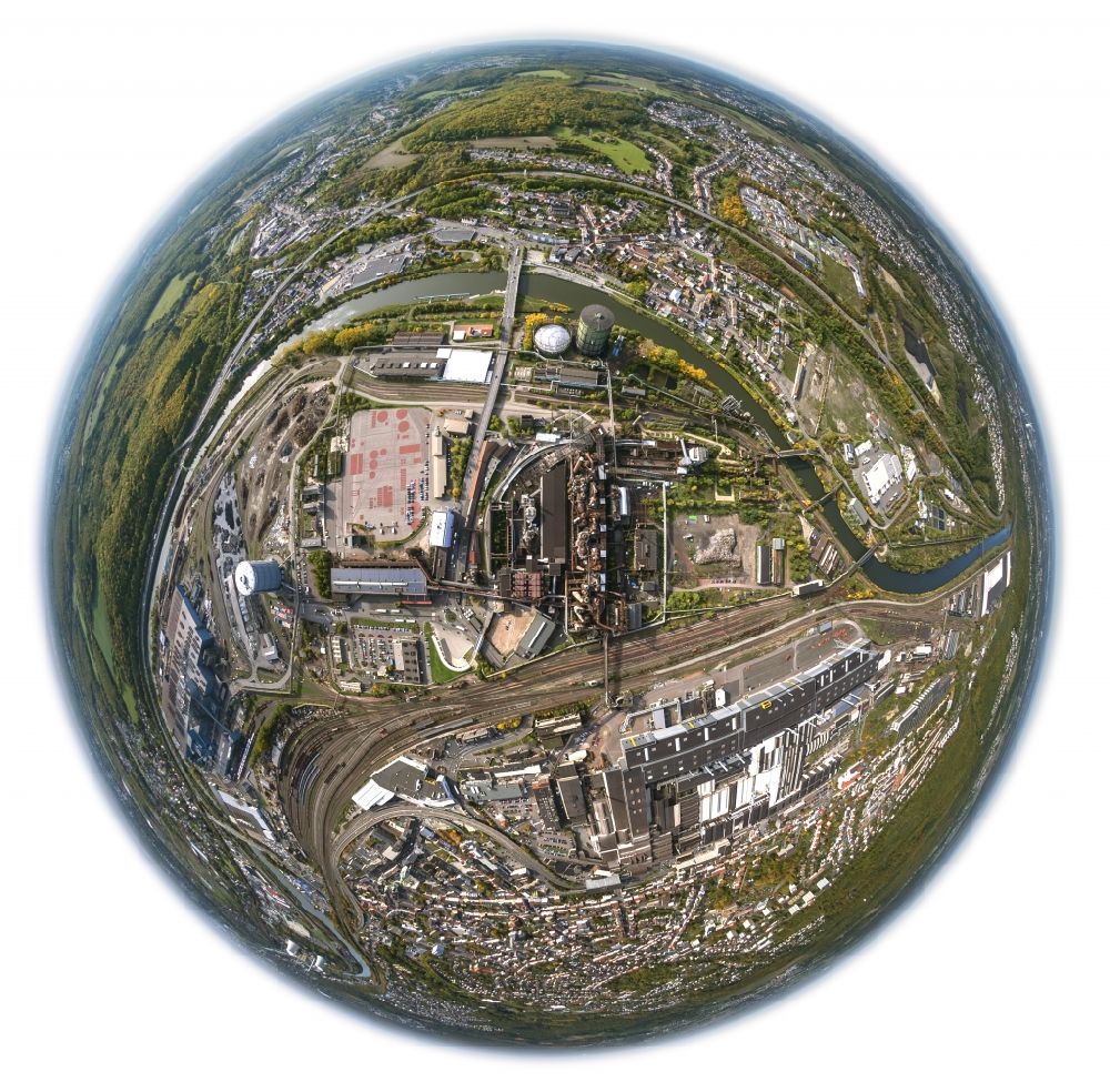 Aerial image Völklingen - Fish - eye - view of Völklinger Hütte is a former iron factory in Saarbrücken was abandonne in 1986. It was announced as a World Heritage Site by the UNESCO in 1994. It was the first industrial memorial of the World Heritage Site
