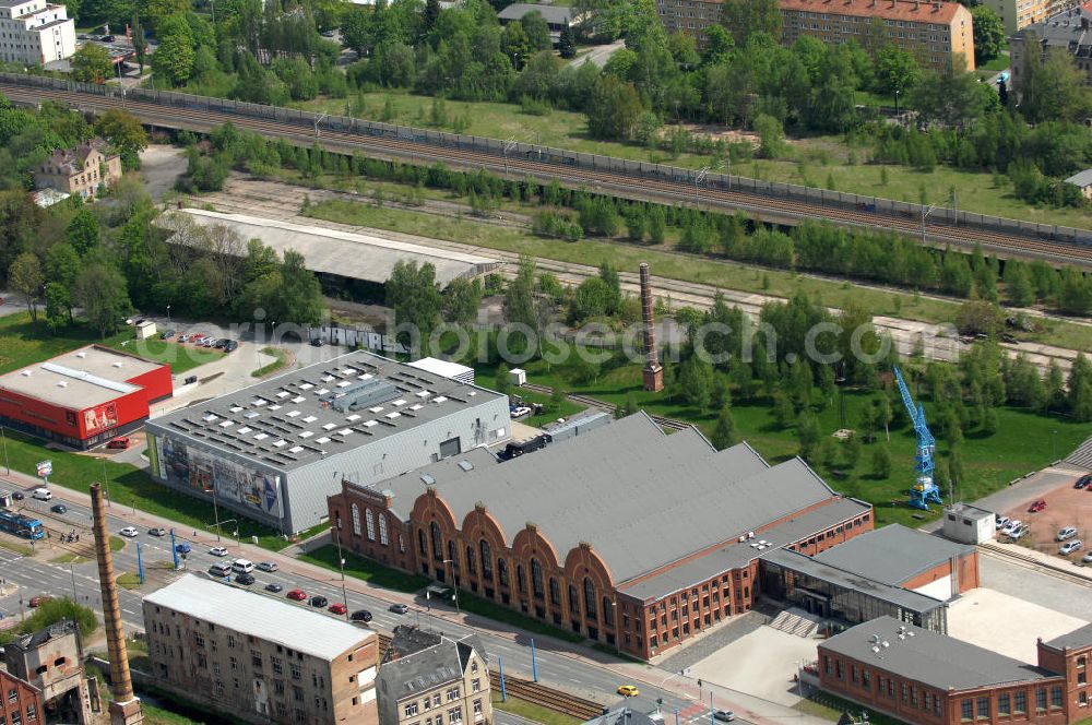 Chemnitz from above - The Industrial Museum of Chemnitz is an extensive collection of industrial history in Chemnitz in Saxony and a member of the Saxon Museum of Industry. The exhibition is housed in a former factory building in mechanical engineering