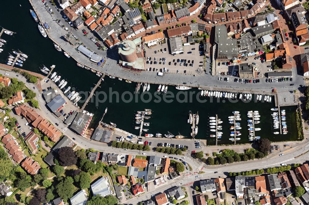 Eckernförde from above - Pleasure boat marina with docks and moorings on the harbour Innenhafen in Eckernfoerde in the state Schleswig-Holstein
