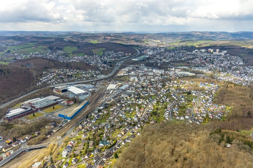 Aerial image Kreuztal - Cityscape of the district along the Siegener Strasse in Kreuztal on Siegerland in the state North Rhine-Westphalia, Germany