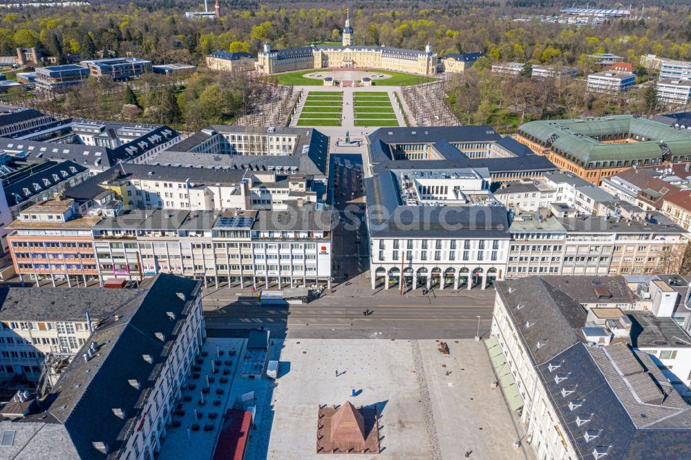 Karlsruhe from above - Inner city area with castle garden and castle on Karl-Friedrich-Strasse in Karlsruhe in the state Baden-Wurttemberg, Germany
