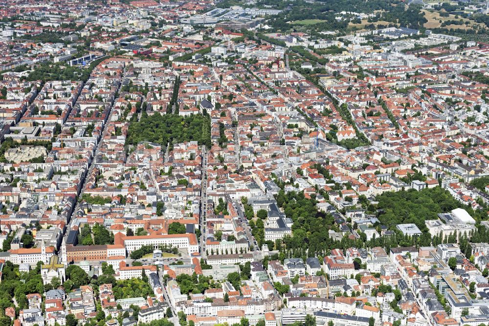 München from above - Cityscape of the district Schwabing on street Adalbertstrasse in Munich in the state Bavaria, Germany