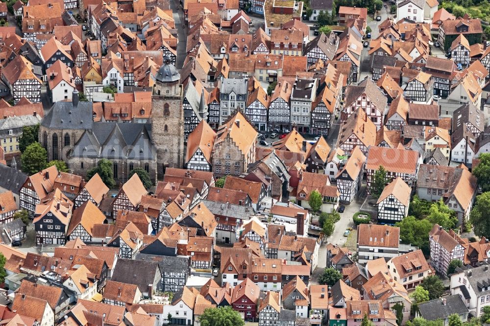 Alsfeld from above - Down town area in Alsfeld in the state Hesse, Germany