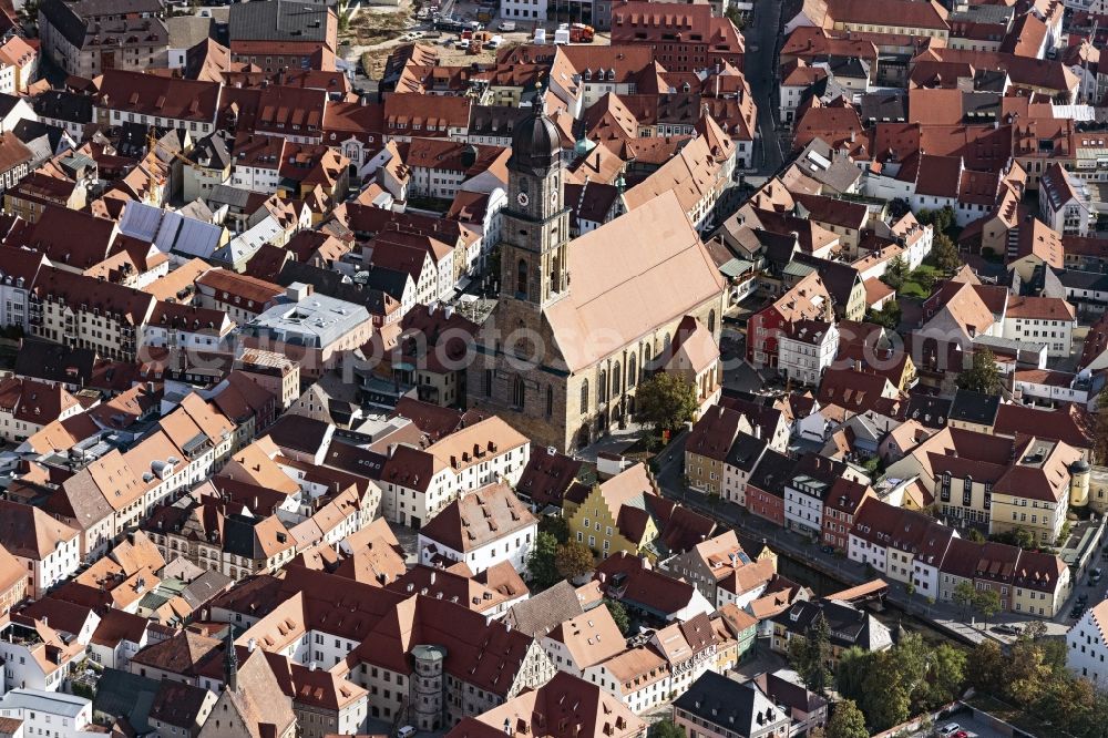 Amberg from above - Down town area with of Basilika St. Martin in Amberg in the state Bavaria, Germany