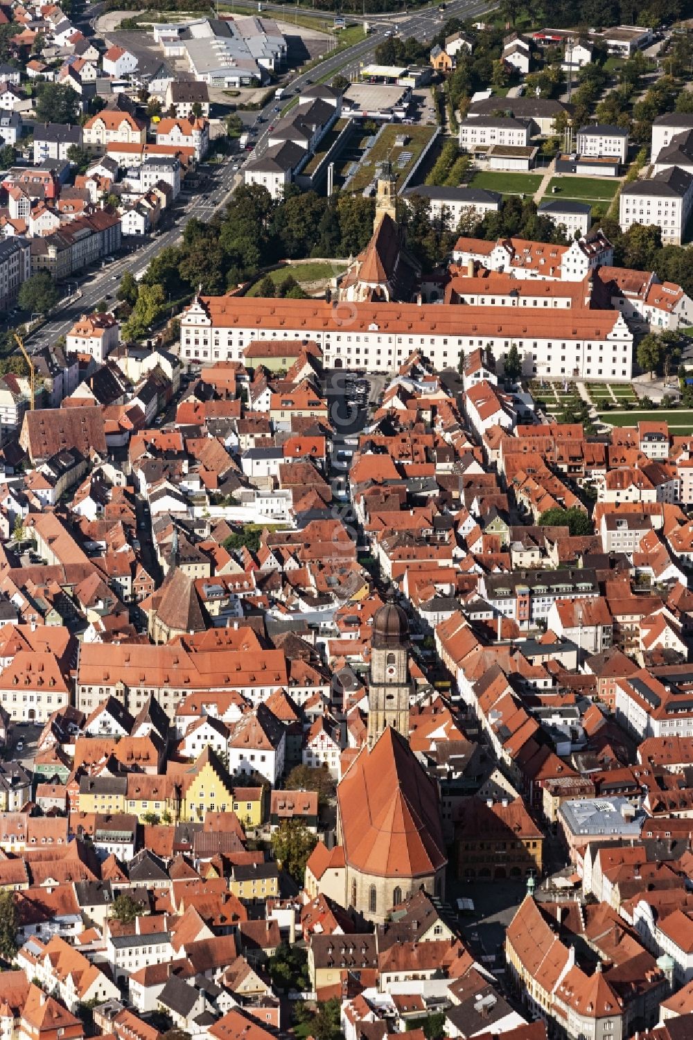 Amberg from above - Down town area with of Basilika St. Martin in Amberg in the state Bavaria, Germany