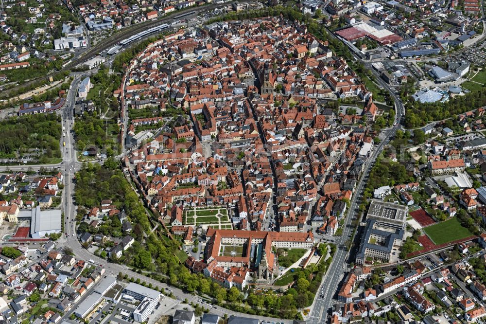 Aerial image Amberg - Down town area with of Basilika St. Martin on place Marktplatz in Amberg in the state Bavaria, Germany