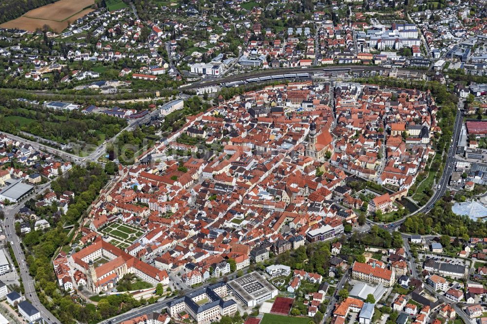 Amberg from above - Down town area with of Basilika St. Martin on place Marktplatz in Amberg in the state Bavaria, Germany