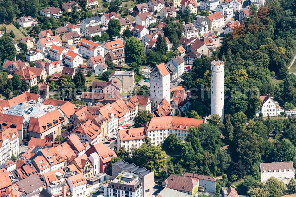Ravensburg from above - Down town area with Blick auf den altem Wehrturm with dem Namen Mehlsack in Ravensburg in the state Baden-Wurttemberg, Germany