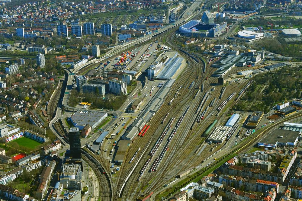 Basel from the bird's eye view: Town view at the railway tracks near main station Basle SBB and the high-rise building Grosspeter Tower in Basle, Switzerland