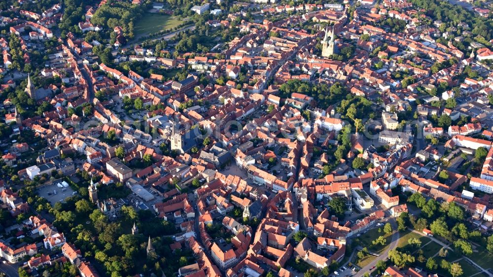 Quedlinburg from above - Down town area with Marktkirche St. Benediktii in Quedlinburg in the state Saxony-Anhalt, Germany