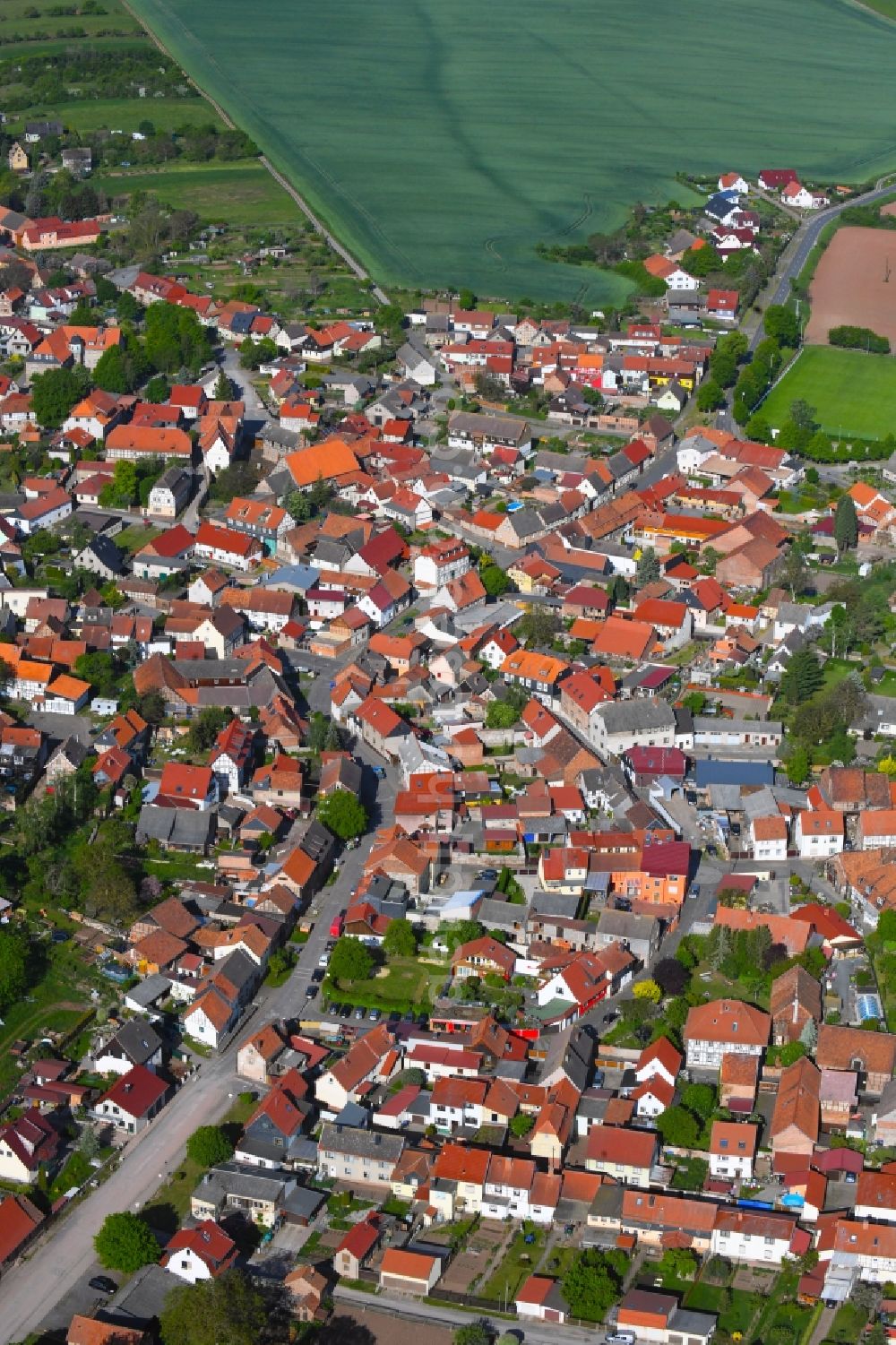Auleben from the bird's eye view: City view from the downtown area with the outskirts with adjacent agricultural fields in Auleben in the state Thuringia, Germany