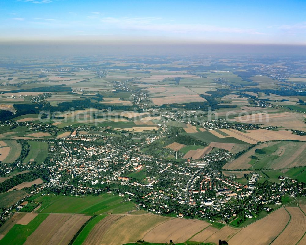 Burkersdorf from the bird's eye view: City view from the downtown area with the outskirts with adjacent agricultural fields in Burkersdorf in the state Saxony, Germany