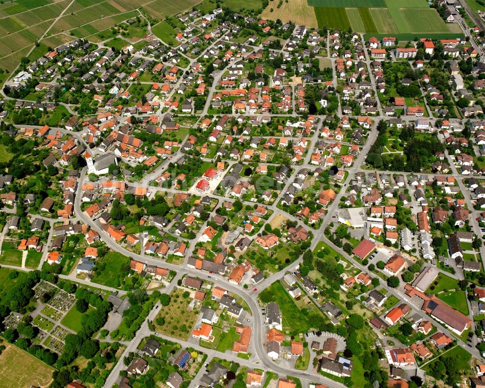Erzingen from the bird's eye view: City view from the downtown area with the outskirts with adjacent agricultural fields in Erzingen in the state Baden-Wuerttemberg, Germany