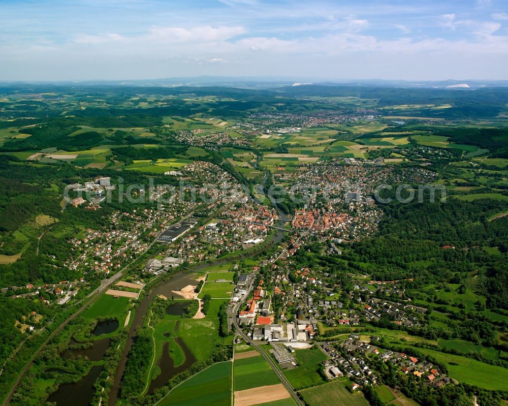 Aerial image Rotenburg an der Fulda - City view from the downtown area with the outskirts with adjacent agricultural fields in Rotenburg an der Fulda in the state Hesse, Germany